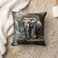 Majestic Elephant at Tranquil Waterfall Oasis Throw Pillow