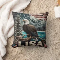 Bald Eagle Perched On Branch Against Mountain View Throw Pillow