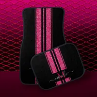 Hot Pink Glitter + Black Stripe Monogram Metallic Car Floor Mat