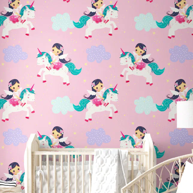 Cute Cartoon Flying Unicorn Pink Nursery Room Wallpaper