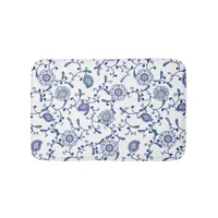 Elegant Boho Blue and White Flowers and Swirls Bath Mat