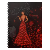 woman in red dress notebook