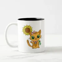 Cute Orange Kawaii Cat with Sunflower Two-Tone Coffee Mug