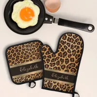 Elegant Leopard Pattern Brown and Gold Stripe Name Oven Mitt & Pot Holder Set