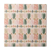 Caribbean Tribal Mudcloth: Boho Dark Green, Pink Ceramic Tile