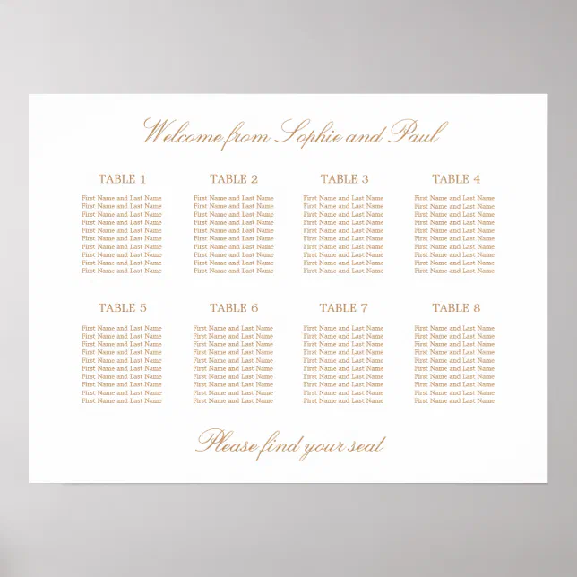 White Golden Beige 8 Table Wedding Seating Chart