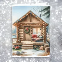 Tiny Home Log Cabin in the Winter Woods Christmas Holiday Card