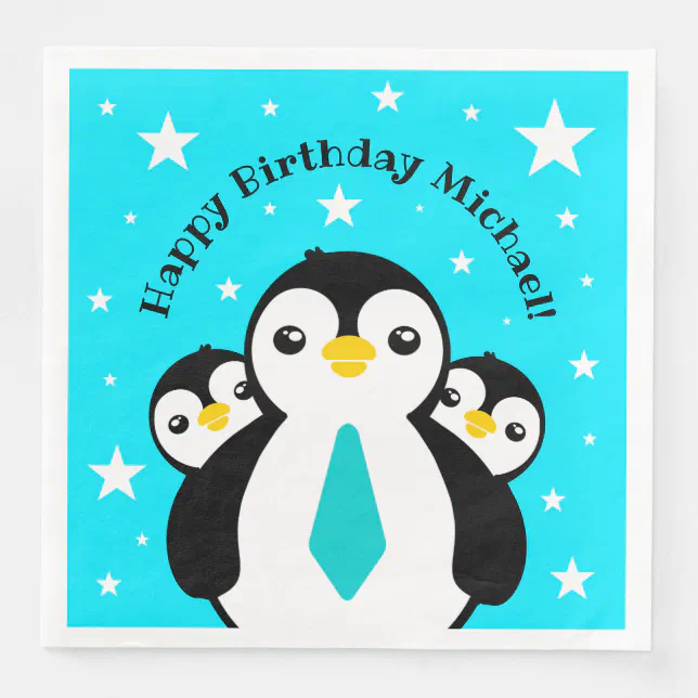 Cute Happy Birthday Boy Penguins Blue Neckties Paper Dinner Napkins