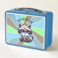 Cute Kawaii Raccoon with Bubble Tea Personalized Metal Lunch Box