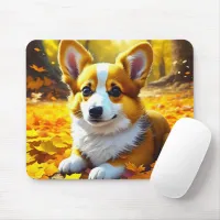 Corgi Puppy Dog Playing in Fall Leaves Mouse Pad