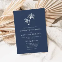 Navy Blue Tropical Palm Tree Beach Wedding Invitation