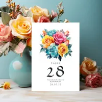 Turquoise, Yellow and Pink Floral Wedding Table Number