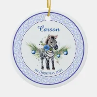 Babys 1st Christmas Baby Zebra Blue Ornament