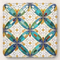 Geometric Mosaic Tile Pattern#5 Teal  White ID1078 Beverage Coaster