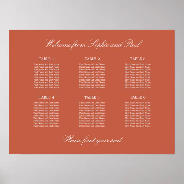 Terracotta 6 Table Wedding Seating Chart Poster