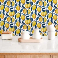 Yellow Lemons and Blue Leaves Kitchen Wallpaper