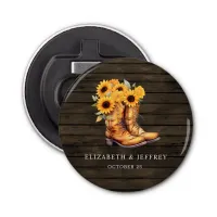 Sunflowers Cowboy Boots Barn Wood Western Wedding Bottle Opener