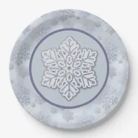 Snowflakes Silver Glitter Dusty Blue Paper Plates