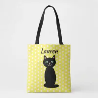 Personalized Black Cat Silhouette Polka Dots  Tote