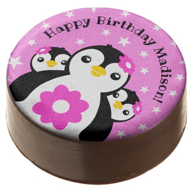 Cute Happy Birthday Girl Penguins Pink Flowers Chocolate Covered Oreo