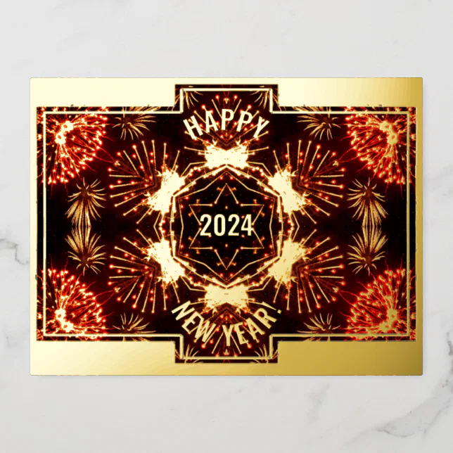 Happy New Year 2024 gold and fireworks symmetry  Foil Holiday Postcard