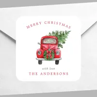 Watercolor Red Truck Wreath Christmas Square Sticker