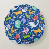 Cute Dinosaur Pattern on Blue | Round Pillow