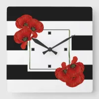 Red Poppies on Black & White Striped Background Square Wall Clock