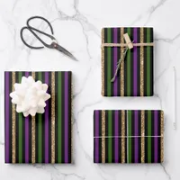 Purple, Green, Black, Faux Gold Stripes Mardi Gras Wrapping Paper Sheets