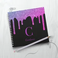 Thumbnail for Hot Pink Purple Sparkle Glitter Drips Monogram Notebook