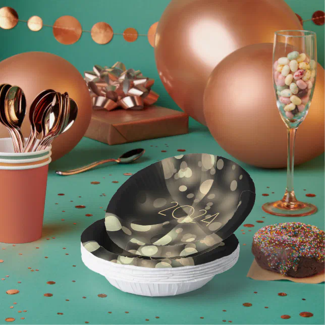 2024 new year with golden bubbles paper bowls