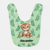 Cute Cartoon Tiger on Tropical Leaves Baby Bib