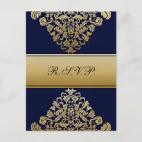 Elegant Filigree Navy Gold Wedding Invitation Postcard