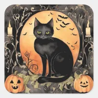 Adorable Halloween Black Cat Watercolor Square Sticker