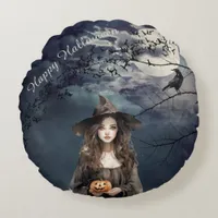 Halloween Witch in Moonlight  Round Pillow