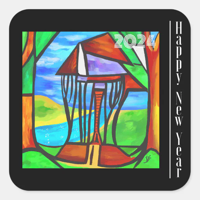 Happy New Year - Abstract - Cabin in the forest Square Sticker