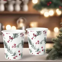 Rustic Christmas Watercolor Pine Pattern Paper Cups