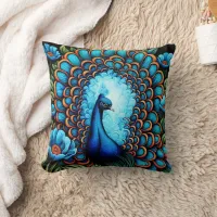 Peacock Among Blue Flowers Throw Pillow