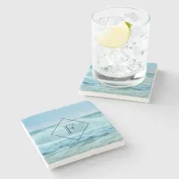 Monogram Ocean Wave Crashing on Beach Coastal Stone Coaster