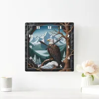 Majestic Bald Eagle Overlooking Mountain Lake Square Wall Clock