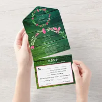 Rustic Green Wood Pink Floral Country Wedding RSVP All In One Invitation