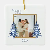 Blue Pagoda Christmas Trees 2-Photo Peace On Earth Ceramic Ornament