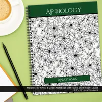 Floral Black White Green Name School Subject Notebook