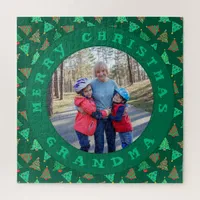 Grandma With Grandkids Photo Christmas Trees Green Jigsaw Puzzle