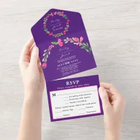 Elegant Pink Floral Greenery Purple Wedding RSVP All In One Invitation