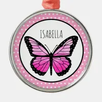 Magenta Butterfly Polka Dot Personalized  Metal Ornament