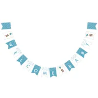 Cute Teddy Bear Welcome Baby Boy Blue Gold Shower Bunting Flags