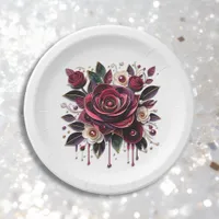 Pretty Burgundy Roses Floral Paper Plates