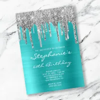 Turquoise Blue and Silver Drip 60th Birthday Invitation