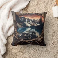 Vintage Car Surrounded by Nature at Sunset Throw Pillow